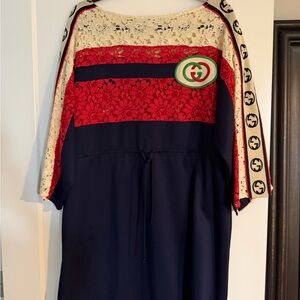 Gucci Navy and Red Lace Dress with Logo Accents